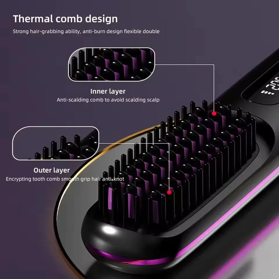 1pc Electric Usb Ceramic Heating Straight Hair Comb Wireless Portable Negative Ion Styling Tool Rechargeable Straightening Brush